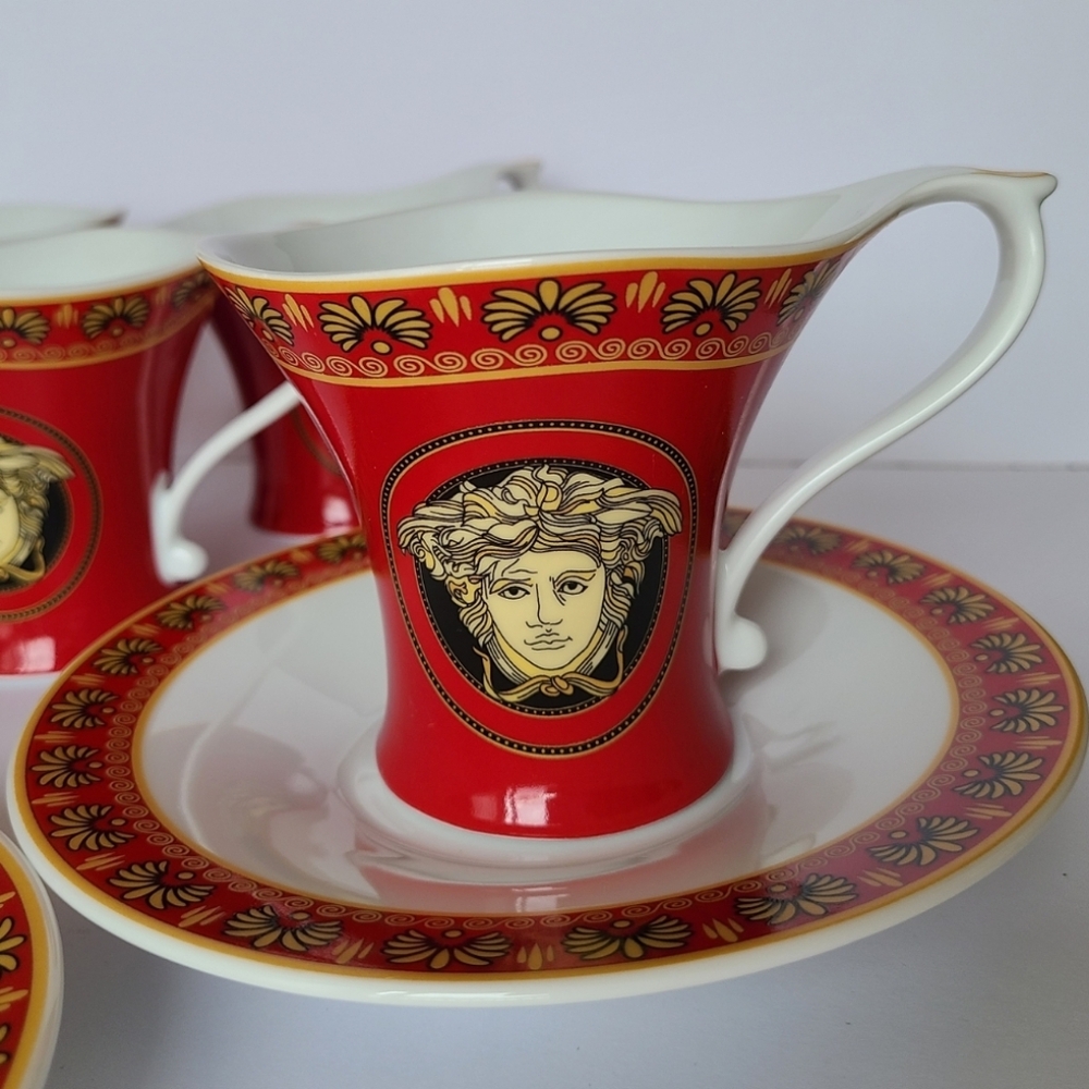 Vintage Adeline Fine Porcelain France Red Gold Medusa Luxury Tea Cup Saucer Set